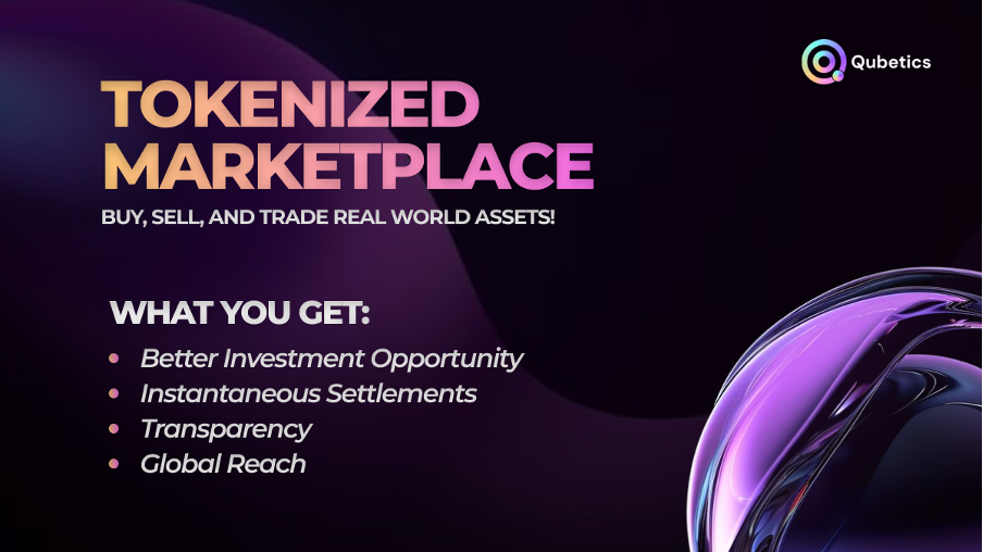 Qubetics Tokenized Marketplace graphic highlighting key advantages of asset tokenization, such as improved investment opportunities, fast transactions, transparency, and worldwide accessibility.